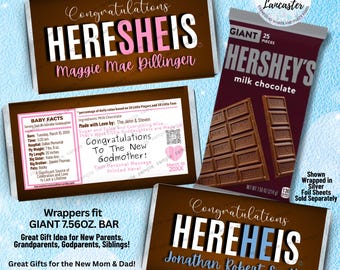 Personalized Giant Chocolate Bar Wrappers, New Baby Gifts (Hershey 7.56oz)