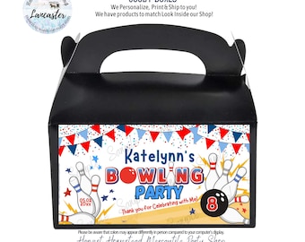 May include: Black goody box with a handle, featuring a bowling party theme. The front displays a bowling ball, pins, and text that reads "Katelynn's Bowling Party". Red, white, and blue bunting decorates the top.