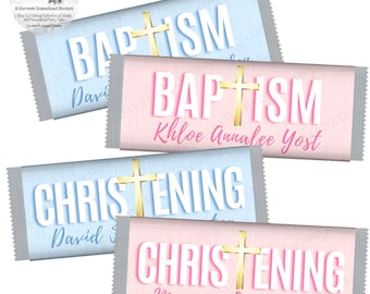 Personalized Christening, Baptism, Confirmation Candy Bar Wrappers: Pink or Blue, Gold Cross, Religious Favors