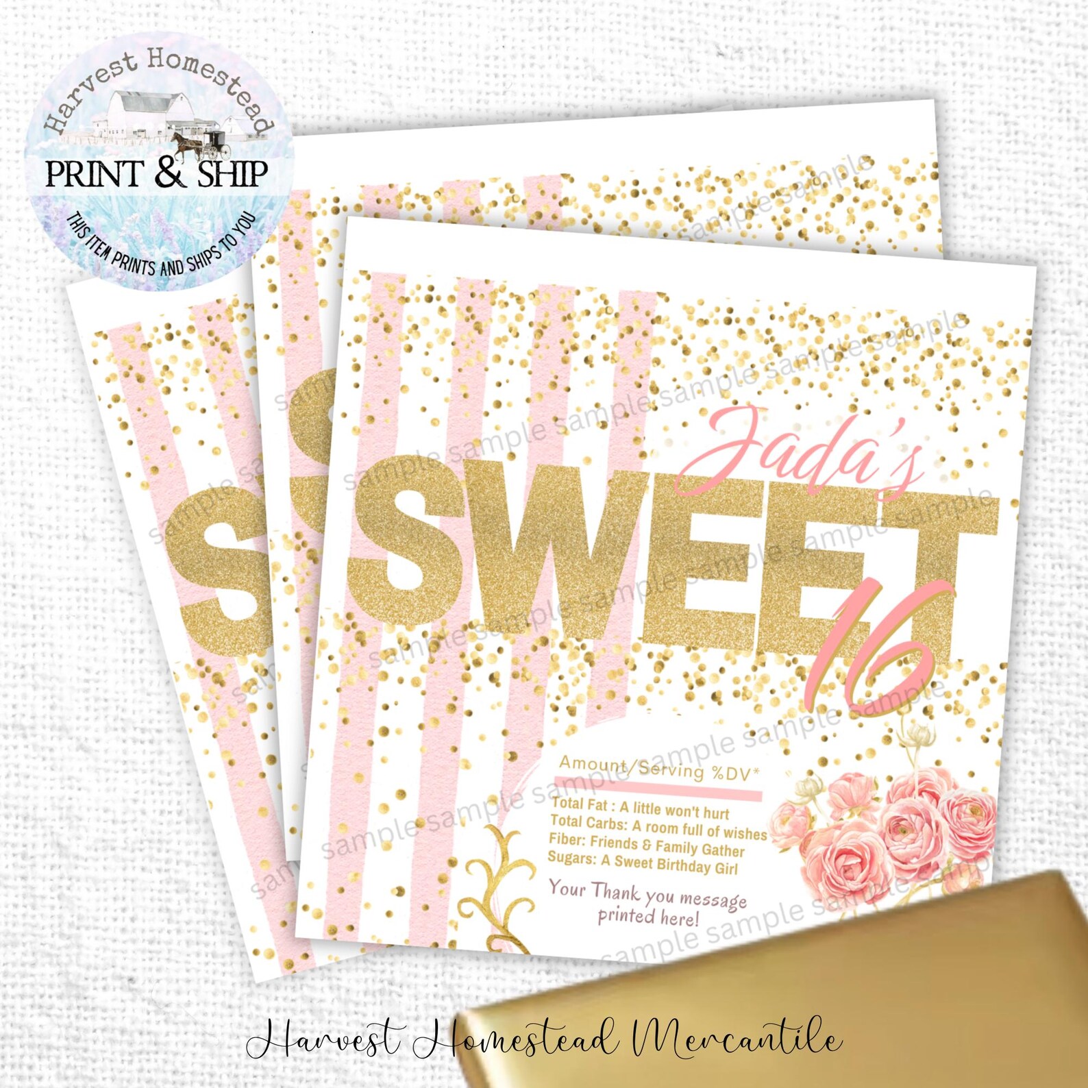 Sweet 16 Candy Bar Wrappers, Pink and Gold Birthday Favors (hershey 1 ...