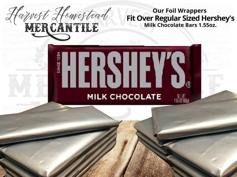 May include: Silver foil wrappers for Hershey's Milk Chocolate bars. The wrappers are designed to fit over regular sized Hershey's bars, which are 1.55 ounces. The image shows a stack of five wrappers.