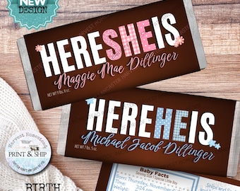 Personalized Birth Announcement, Sip and See, Candy Bar Wrappers: It's a Baby Boy, It's a Girl