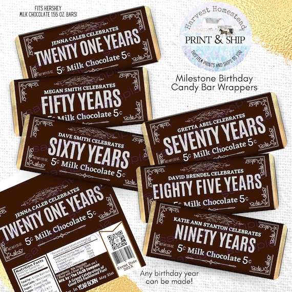 Birth Year Candy Bar Wrappers: Milestone Birthday Favors
