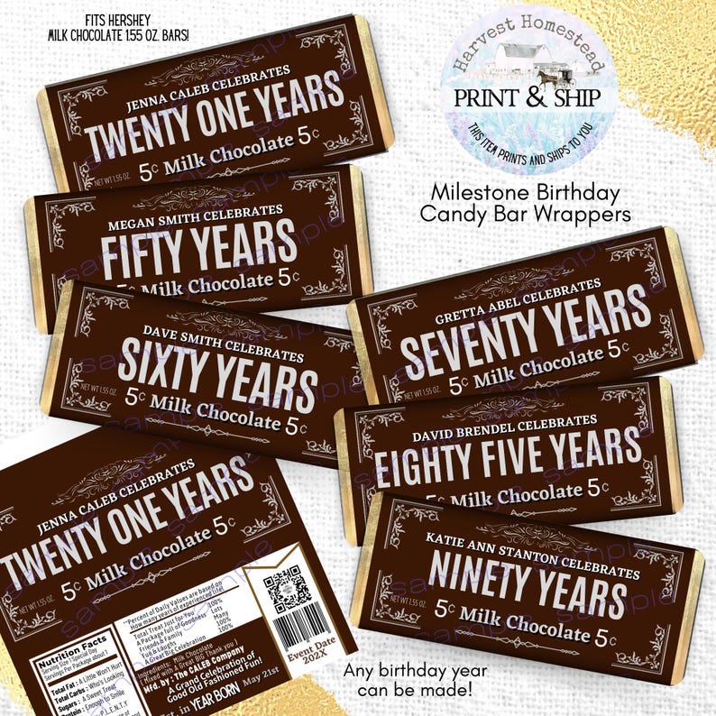 Birth Year Candy Bar Wrappers: Milestone Birthday Favors image 1