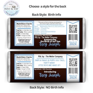 May include: Chocolate bar packaging with a brown background and blue accents. The text includes "Nutrition Facts" and "Announcing the Birth of our Son Trey Joseph." The bar's length is 21 inches. The packaging is from The Weller Company.