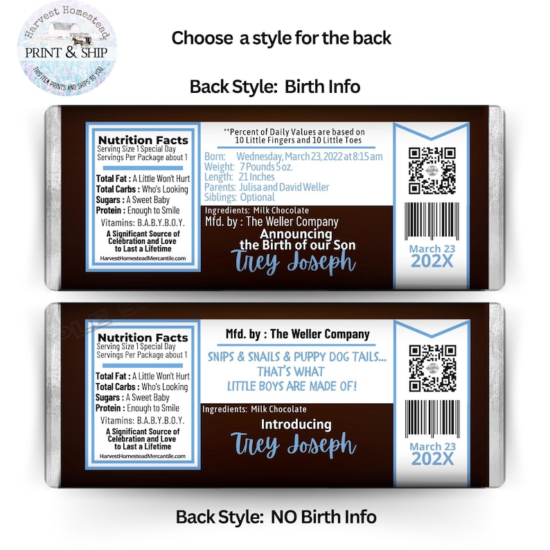 May include: Chocolate bar packaging with a brown background and blue accents. The text includes "Nutrition Facts" and "Announcing the Birth of our Son Trey Joseph." The bar's length is 21 inches. The packaging is from The Weller Company.
