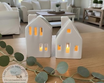 Set/2 Beige Lighted Houses/Home Decor/Mantel Decor/Farm House/Modern Decor/Vintage/Coastal/ Tealight Holder/Gift Idea