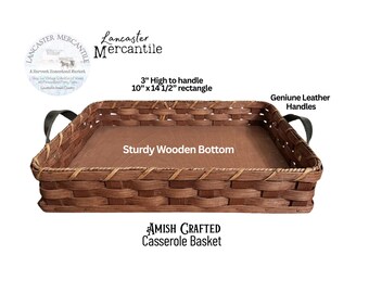 NEW Amish Made Casserole Hot Dish, Cake Server, Leather Handles with Solid Wood Bottom.