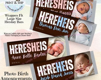 Personalized Photo Birth Announcement Wrappers, Baby Boy or Girl Sip See Candy Bar Wrappers