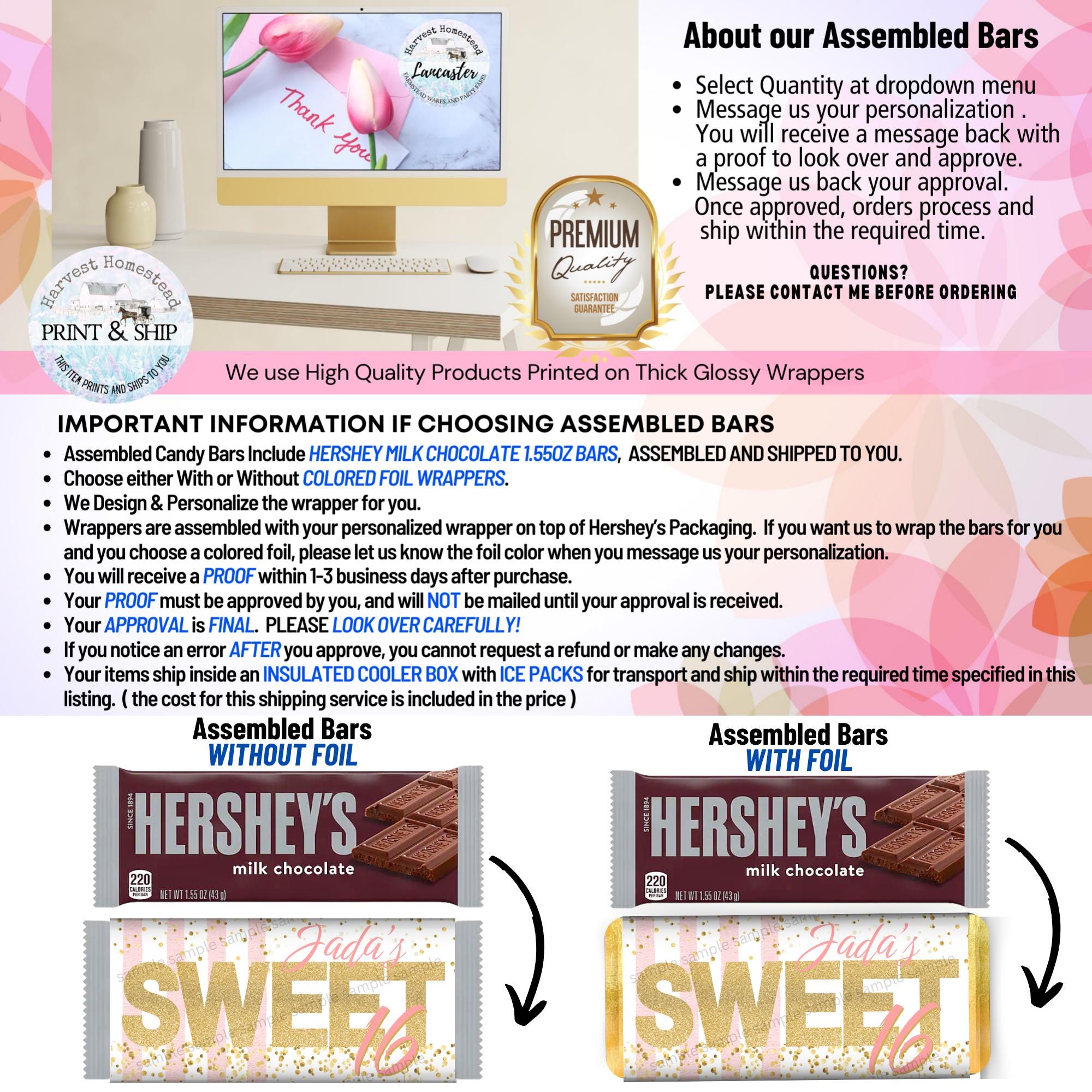 Sweet 16 Candy Bar Wrappers, Pink and Gold Birthday Favors (hershey 1 ...