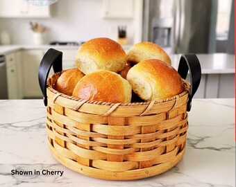 Amish Hand Woven Bread Basket, White Pine Reed, Leather Handles, Wood Bottom