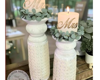 Set of 2 Distressed Wedding Candle Holders, Cement Coastal Farmhouse Decor Style