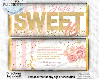 Sweet 16 Candy Bar Wrappers, Pink and Gold Birthday Favors (Hershey 1.55oz)