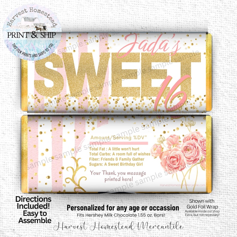 Sweet 16 Candy Bar Wrappers, Pink and Gold Birthday Favors (hershey 1 ...