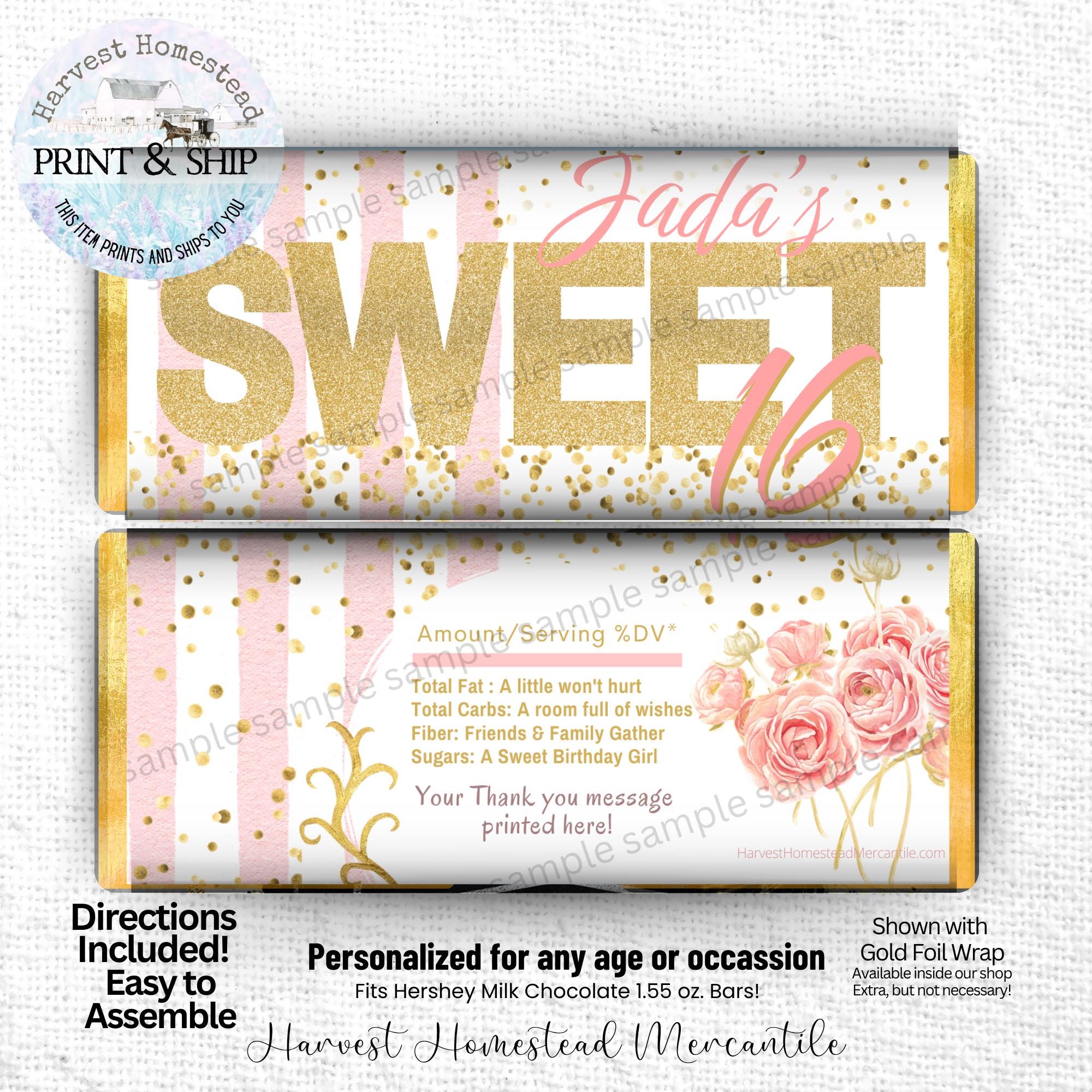 Sweet 16 Candy Bar Wrappers, Pink and Gold Birthday Favors (hershey 1 ...