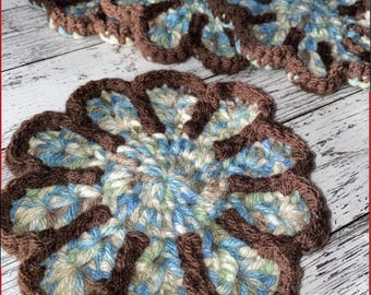Set 4 Hand Crocheted Blue Floral Coasters, Oversized Acrylic Drinkware Protection