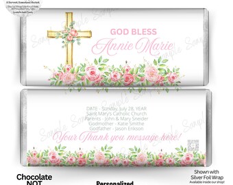 Personalized Christening, Baptism, Confirmation Candy Bar Wrappers: Pink Peonies Flowers and Cross, Religious Favors