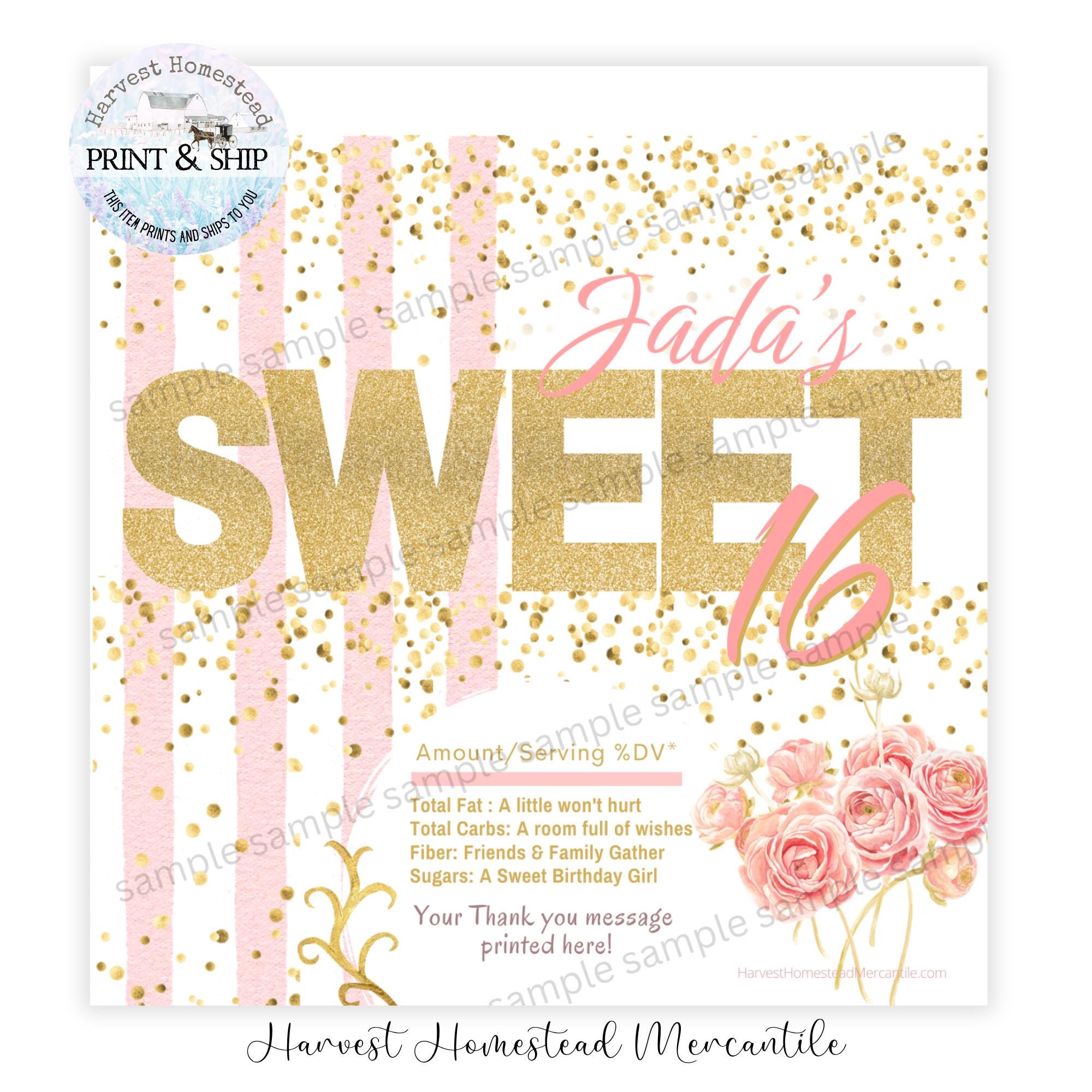 Sweet 16 Candy Bar Wrappers, Pink and Gold Birthday Favors (hershey 1 ...