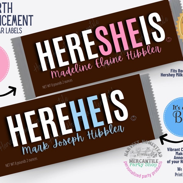 Here She Is Here He Is Birth Announcement Candy Bar Wrappers Favors Brown