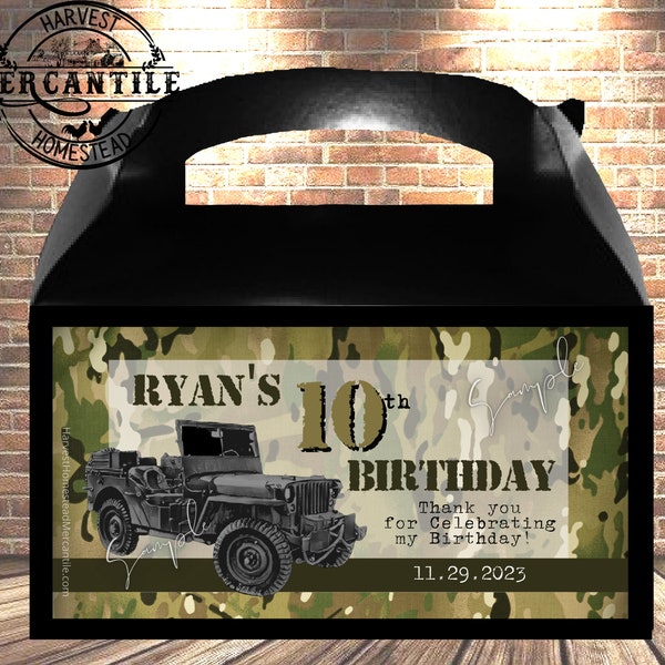 Camoflauge Birthday, Army, Military Birthday, Jeep, Goody Box, Loot Box, Treat Box, Favors, Personalized