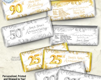 Personalized Birthday Anniversary Candy Bar Wrappers, Elegant Celebration Favors