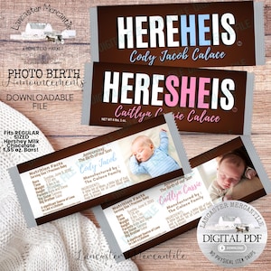 May include: Digital photo birth announcements designed for Hershey's chocolate bars. The bars are personalized with baby names and birth details. The design includes the text "HEREHEIS" and "HERESHEIS" in white, with baby photos and nutrition facts.