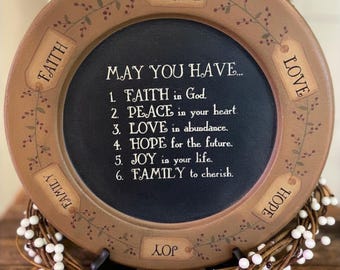 Vintage Farmhouse Decor, Christian Faith Wooden Plate, Barbara Floyd Sentiment Plate, Family, Love