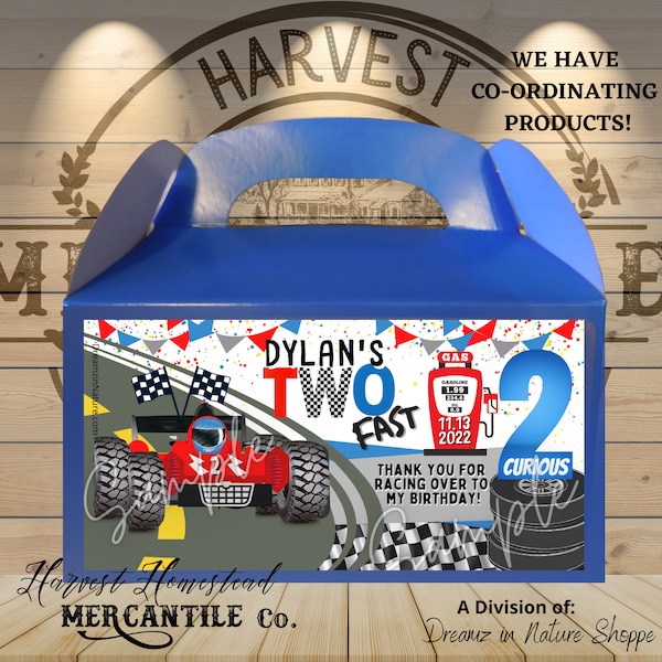 TWO FaST TWO CURIOUS, Racing Car Birthday, Goody Boxes, Loot Box, Kids Birthday Favors