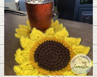 Set of 2 Oversized Hand Crocheted Sunflower, Flower Coasters