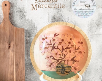 Enameled Mango Wood Bowl, Pink Cherry Blossoms, Farmhouse Cottage Core Serving Dish, Asian Decore
