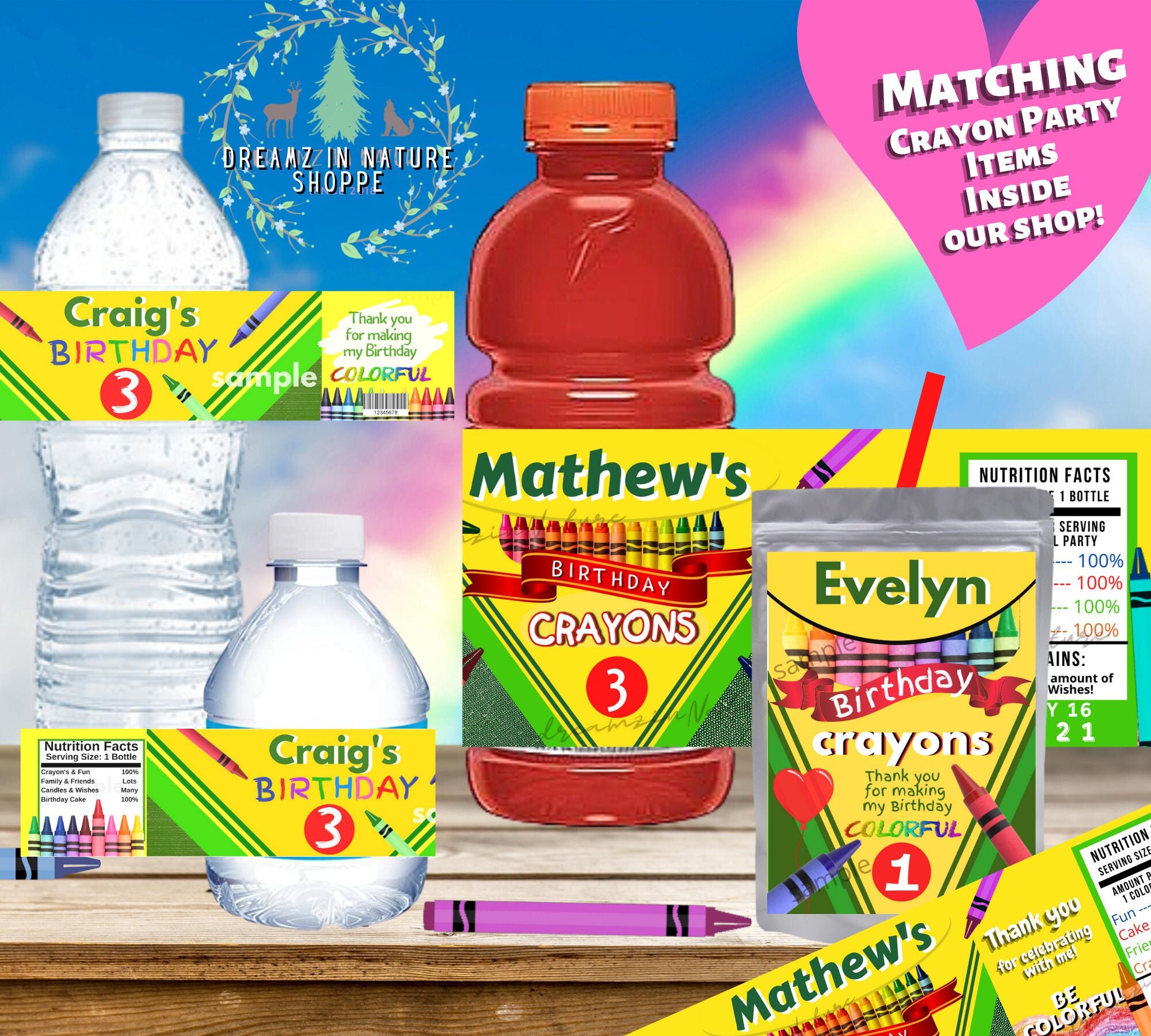 Crayon Birthday Colorful Party DRINK LABELS Water Bottle Juice Etsy