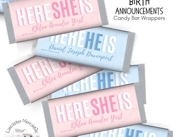Personalized Birth Announcement Candy Bar Wrappers (Print & Ship): Here He or She is
