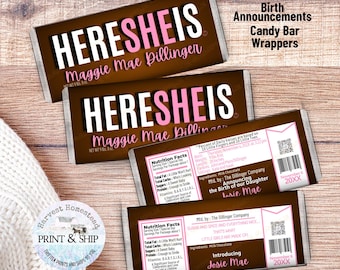Personalized Baby Girl Birth Announcement Candy Wrappers, Sip and See Party Favors