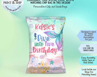Mermaid Dive into FIVE 5th Birthday Chip Bag, Snack Bag, Favor, Children's Party