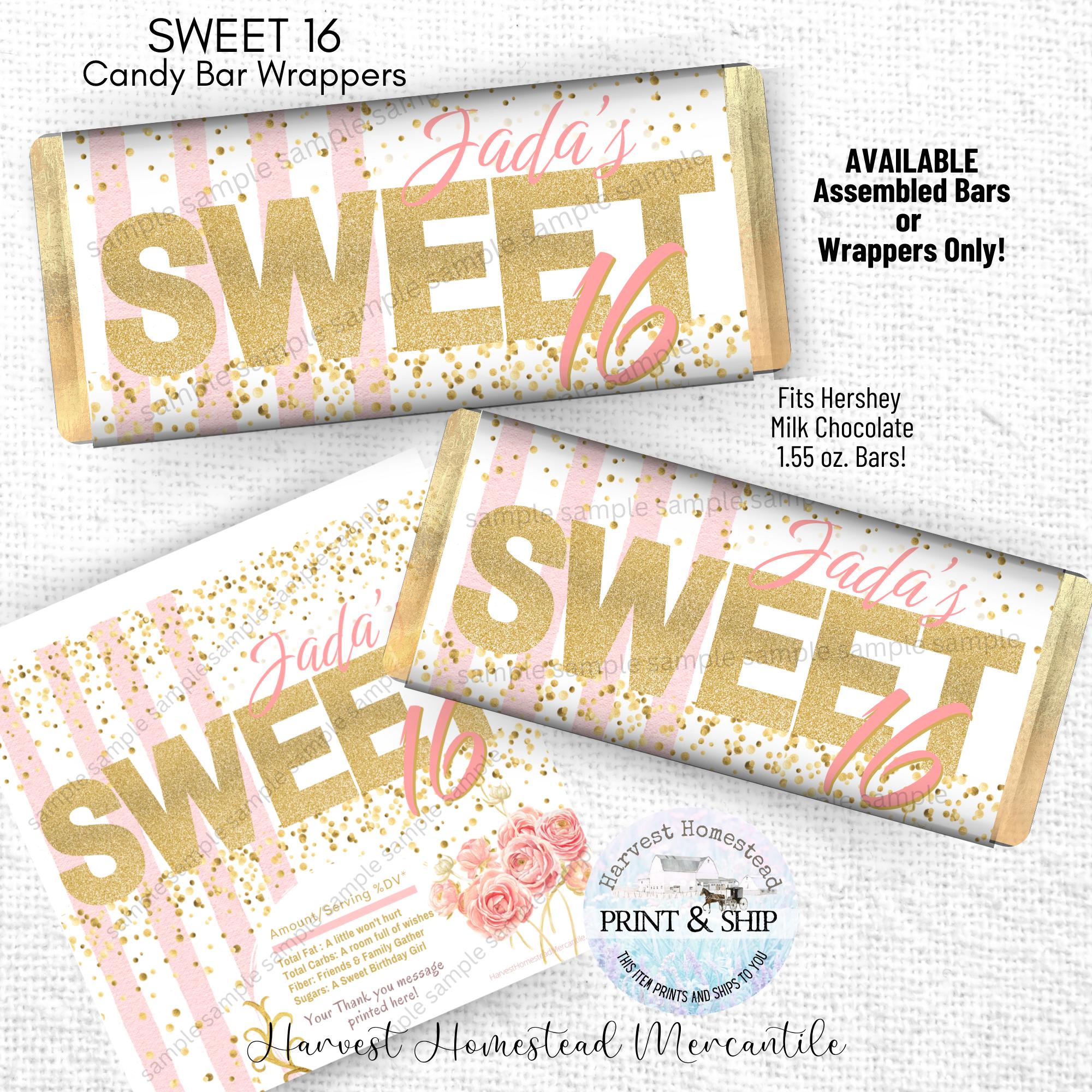 Sweet 16 Candy Bar Wrappers, Pink and Gold Birthday Favors (hershey 1 ...