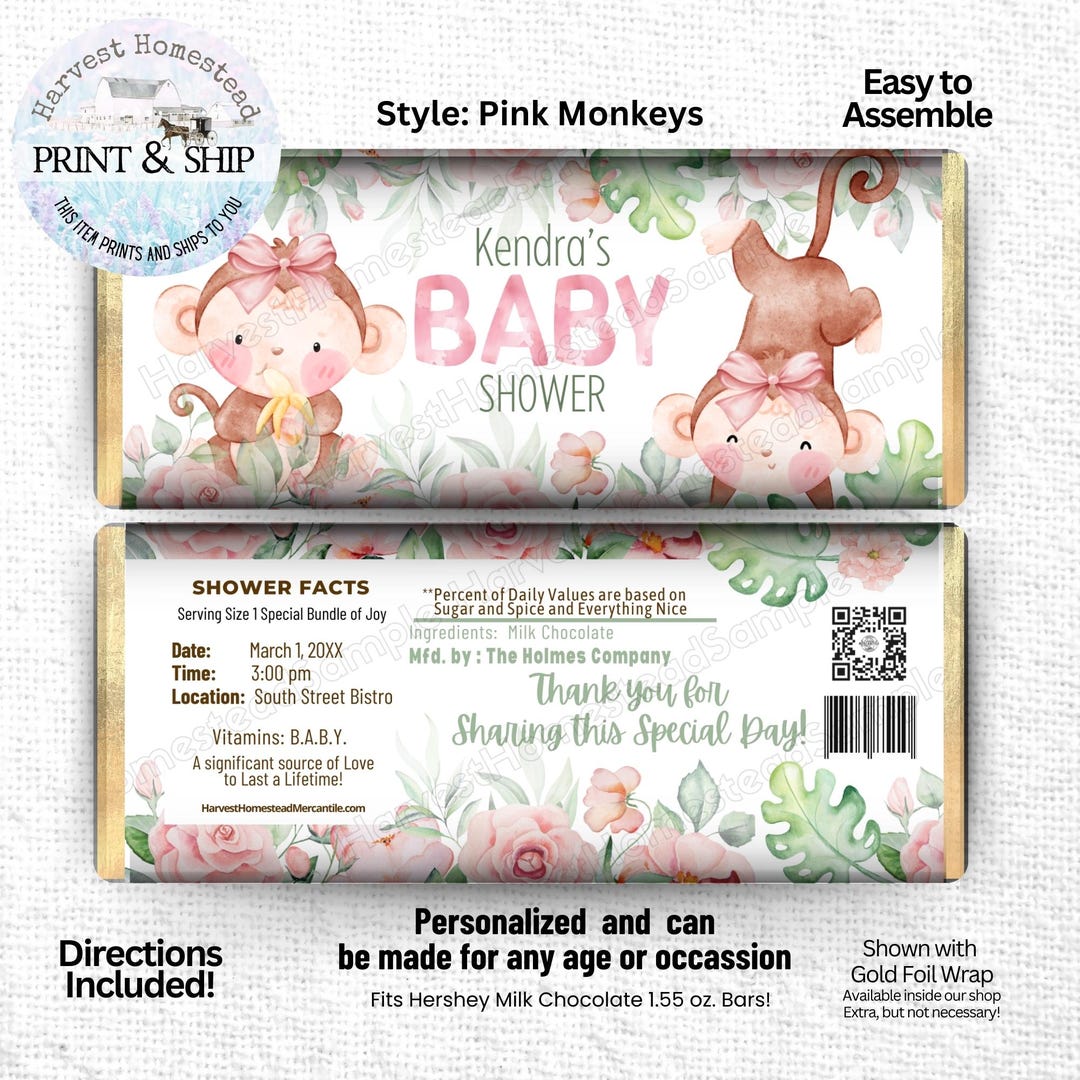 Baby Shower Candy Bar Wrappers: Pink Monkey Jungle Favors - Etsy