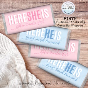 Personalized Birth Announcement Candy Bar Wrappers (Print & Ship): Here He or She is