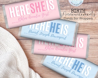 Personalized Birth Announcement Candy Bar Wrappers (Print & Ship): Here He or She is