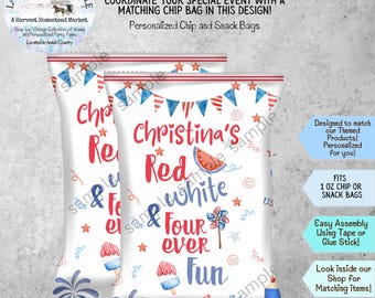 Personalized 4th Birthday Chip Bag, Red White Four Ever Fun Snack Bag
