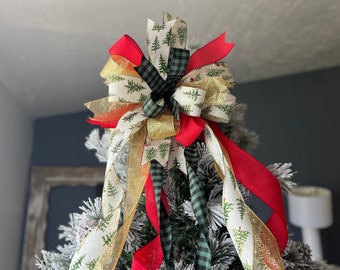 Christmas Tree red Bow, Red gold bow, Christmas tree topper, Christmas Tree Bow Red Green, Farm Christmas Bow, Buffalo Green and Black Bow