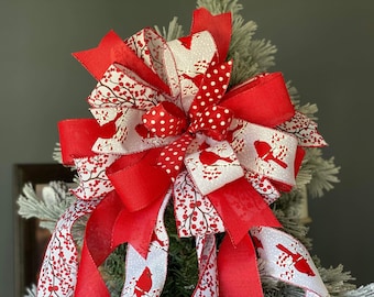 Cardinal Bow Christmas Tree Topper, Red Bird Bow, Red and White Decor