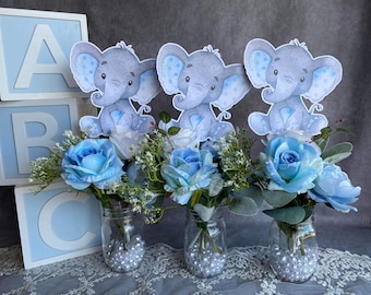 Baby Boy Elephant Cutouts: Blue Shower Centerpiece Decorations, Set of 7