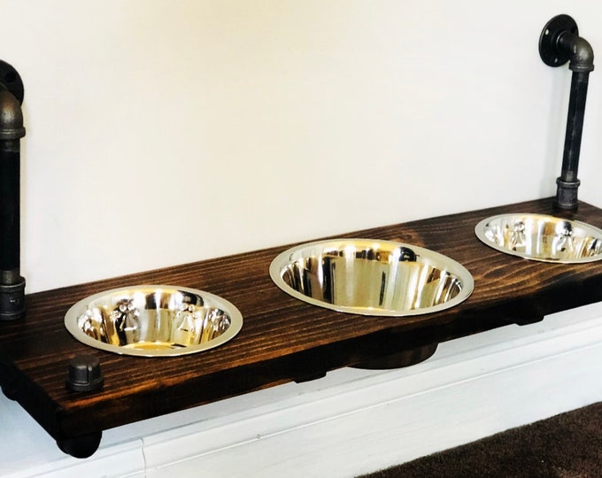Large 3 Bowl Floating Wood Elevated Wall Mounted Dog Bowl Etsy