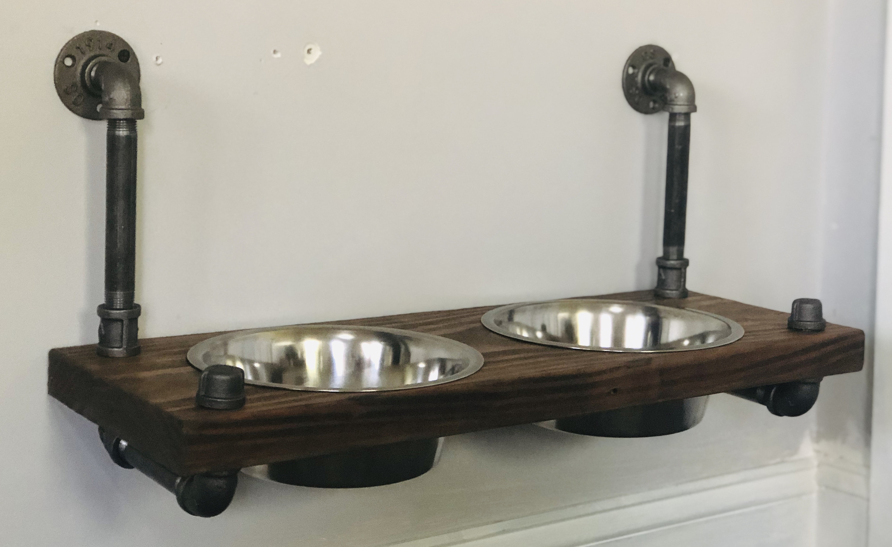 Large 2 Bowl Floating Wood Elevated Wall Mounted Dog Bowl Etsy