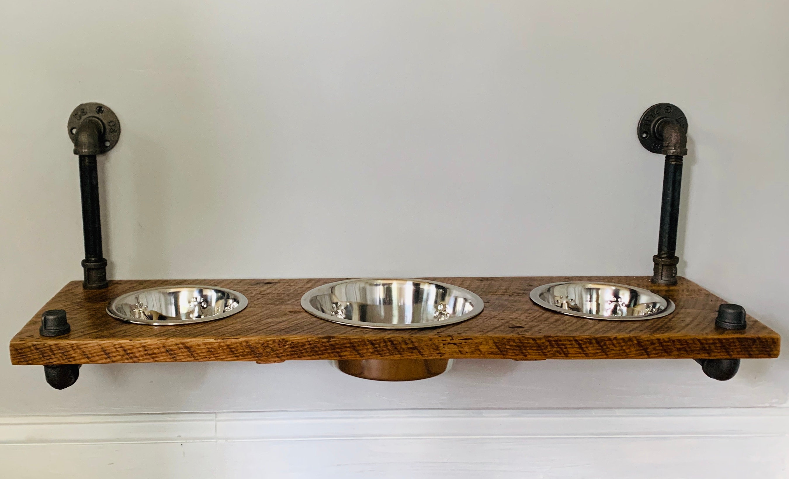Floating Reclaimed Barnwood Elevated Wall Mounted Dog Bowl Etsy