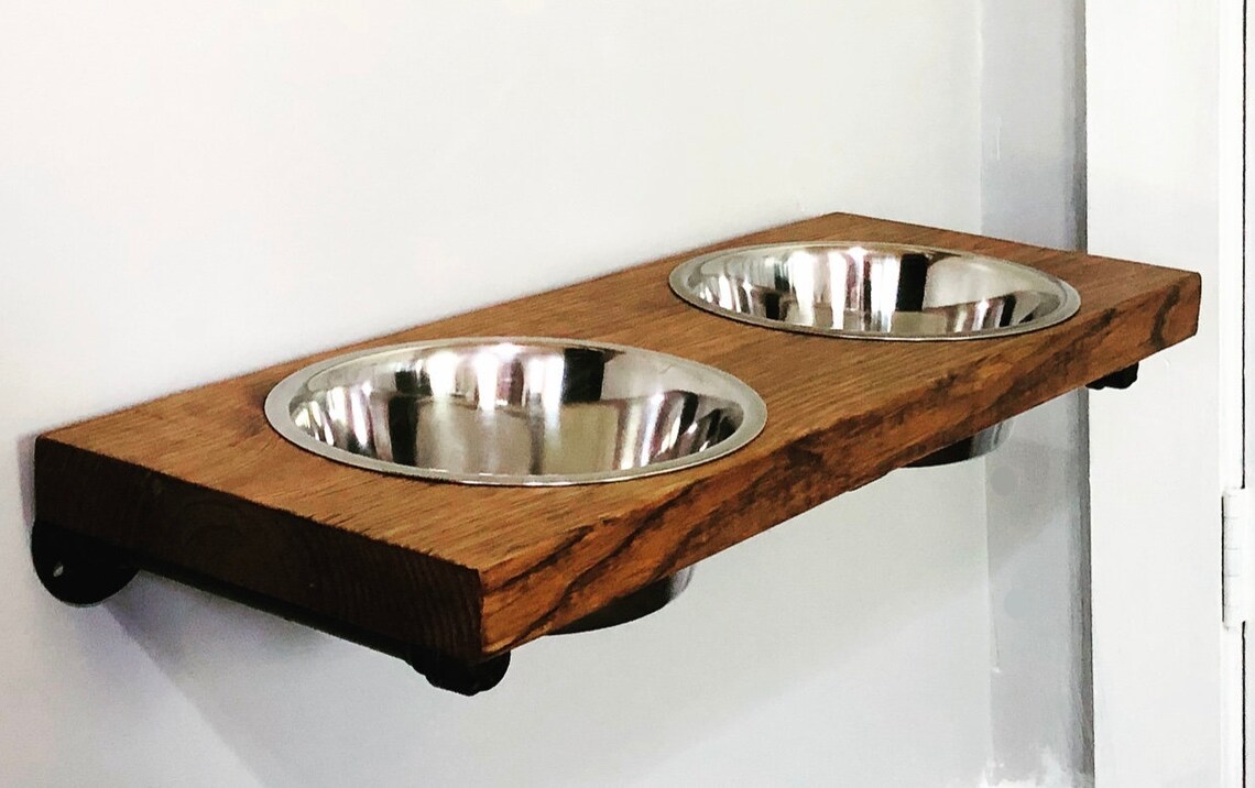 Large 2 Bowl Floating Shelf Wood Elevated Wall Mounted Dog Etsy