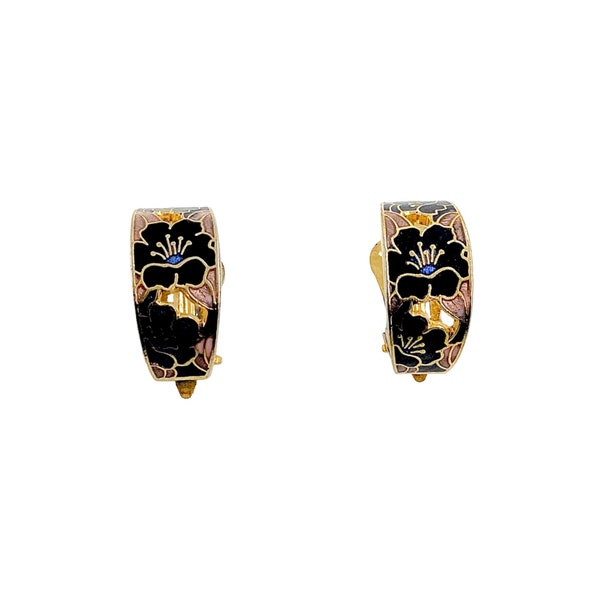 1970s Semi Hoop Earrings, Cloisonné Champleve, Enamel in Black and Pink, Floral Design, Gold Plated, Cut Out Metal, Collectible Jewelry