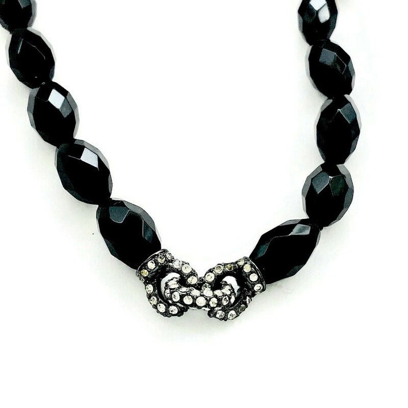 Prom Formal Vintage 1990s Monet Art Deco Style Necklace Faceted French Jet Glass Beads Accented Front Choker