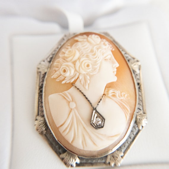 Fine Antique 14k White Gold & Carved Shell "Cameo… - image 5
