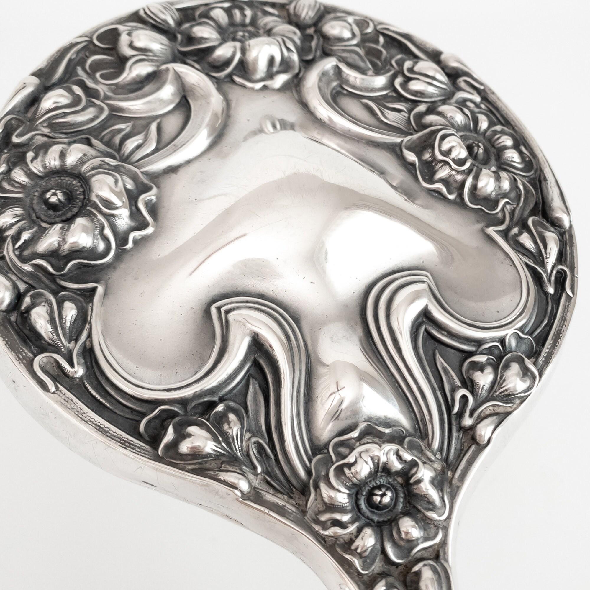 Antique Sterling Silver Hand Mirror With Floral Art Nouveau